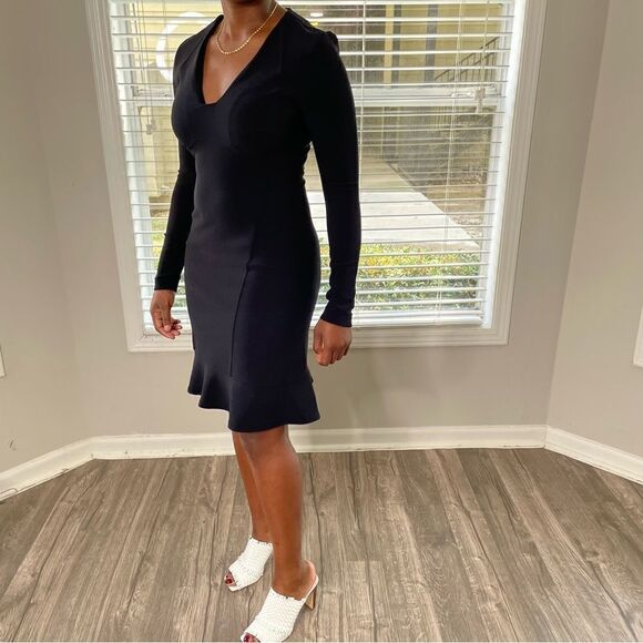 Boston Proper Knee Length Fluted Flare Fishtail Long sleeved V Neck Dress LBD - Picture 9 of 14